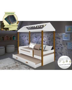 Beliche Montessoriana Design Infantil Sara Solteiro C/ Led  - Branco/amêndoa Incluso Lousa Mágica