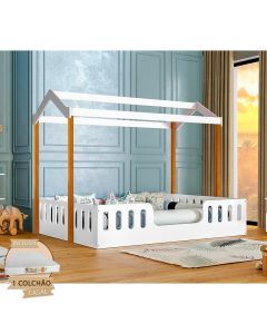 Cama Infantil com Colchão D28 Casal Casinha Segura Montessoriana Ágatha - Branco/mel