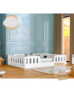 Cama Casal com Colchão Design Montessoriana Helo Branca + Luminária