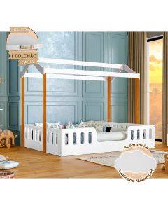 Cama Casal Casinha Montessoriana Ágatha com Colchão - Branco/mel Incluso Luminária