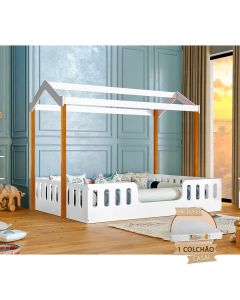 Cama com Colchão Montessoriana Casal Infantil Ágatha Branco/amêndoa