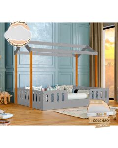 Cama com Colchão Montessoriana Casal Infantil Ágatha Cinza e Amêndoa Incluso Luminária