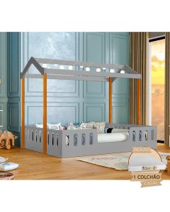 Cama Infantil Montessoriana Ágatha Casal com Led e Colchão Cinza/amêndoa