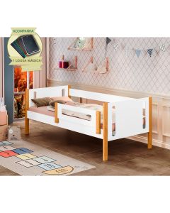 Cama de Solteiro Mirela Branco/amêndoa com Grade de Proteção Incluso Lousa Mágica