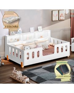 Cama Infantil Montessoriana com Colchão Juvenil Led e Nicho Nina Branca Incluso Lousa Mágica