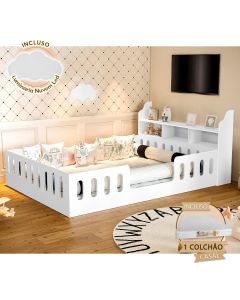 Cama Casal Design Montessoriana Helo com Nicho e Colchão Branca Divaloto + Luminária