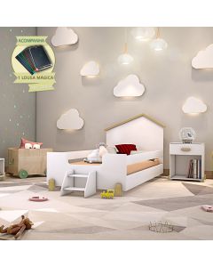 Cama Infantil Montessoriana com Escadinha Juvenil Ayla - Branca e Natural Incluso Lousa Mágica