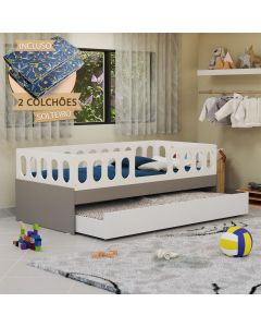 Cama Juvenil Lara Solteiro Com Cama Auxiliar E 2 Colchões Branco E Cinza - Baby Mobília