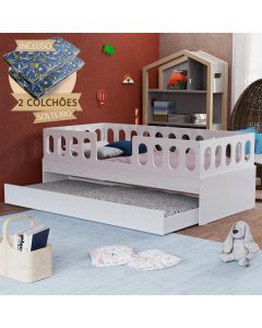 Cama Juvenil Lara Solteiro Com Cama Auxiliar E 2 Colchões Branco - Baby Mobília