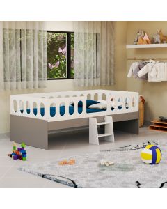 Cama Infantil Lara Solteiro com Escadinha Branco e Cinza - Baby Mobília