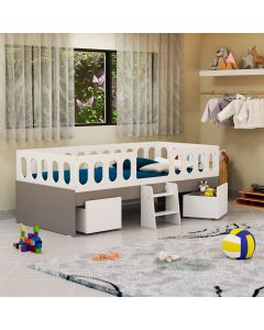 Cama Infantil Lara Solteiro com Nichos e Escadinha Branco e Cinza - Baby Mobília