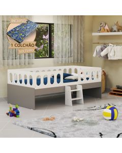 Cama Juvenil Lara Solteiro Com Escadinha E Colchão Branco E Cinza - Baby Mobília