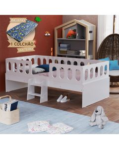 Cama Juvenil Lara Solteiro Com Escadinha E Colchão Branco - Baby Mobília