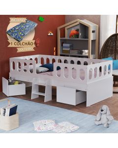 Cama Juvenil Lara Solteiro Com Nichos Escadinha E Colchão Branco - Baby Mobília