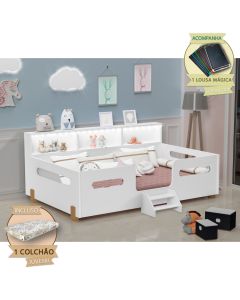 Cama Juvenil Mary com Escada Led e Nicho Colchão Branco/mel Acompanha Lousa Mágica