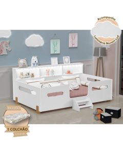 Cama Juvenil Mary com Escada Led e Nicho Colchão Branco/mel Acompanha Luminária Nuvem