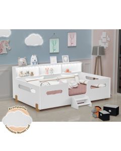 Cama Infantil Montessoriana Mary com Escada Led e Nicho Branco/mel Acompanha Luminária Nuvem