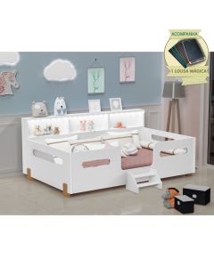 Cama Juvenil Mary com Escada Led e Nicho Branco/mel Acompanha Lousa Mágica