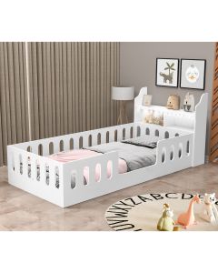 Cama Cercadinho Infantil Mdf Helo Solteiro com Nicho e Led - Branca