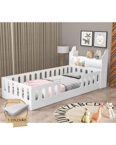 Cama Cercadinho Infantil Mdf Helo Solteiro com Colchão + Nicho e Led Branca