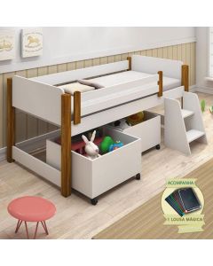 Cama Naty Design Infantil com Nichos Solteiro  - Branco/amêndoa Incluso Lousa Mágica