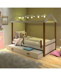 Cama Solteiro Infantil com Led Casinha Montessoriana Eliz com Cama Auxiliar Branco/mel