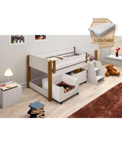 Cama Solteiro Jhoy com Nichos Espaço Pet e Colchão Branco/amêndoa